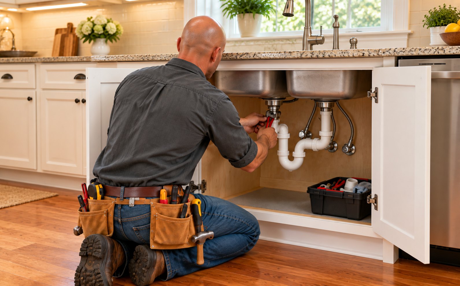 AI concept of a bald worker repairing plumbing under a kitchen sink