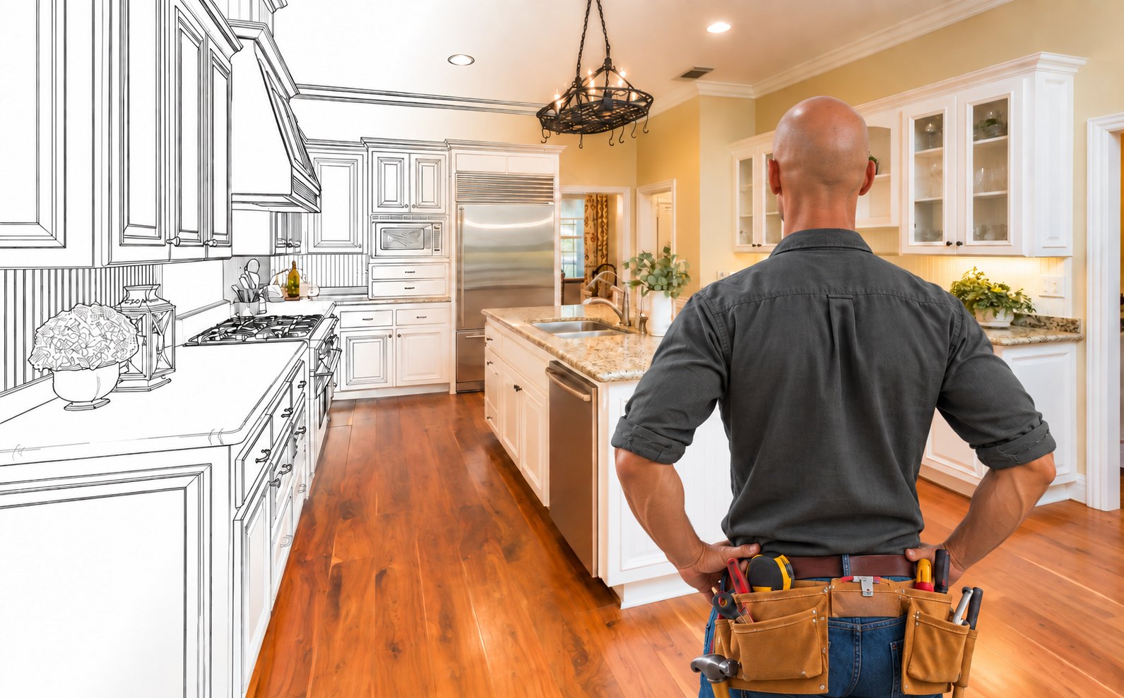 AI concept of a shaved-head worker viewing a kitchen remodeling design